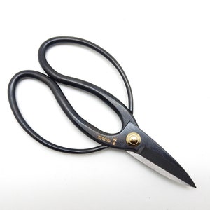 May include: Black pruning shears with a gold rivet and a sharp blade. The shears have a traditional Japanese design.