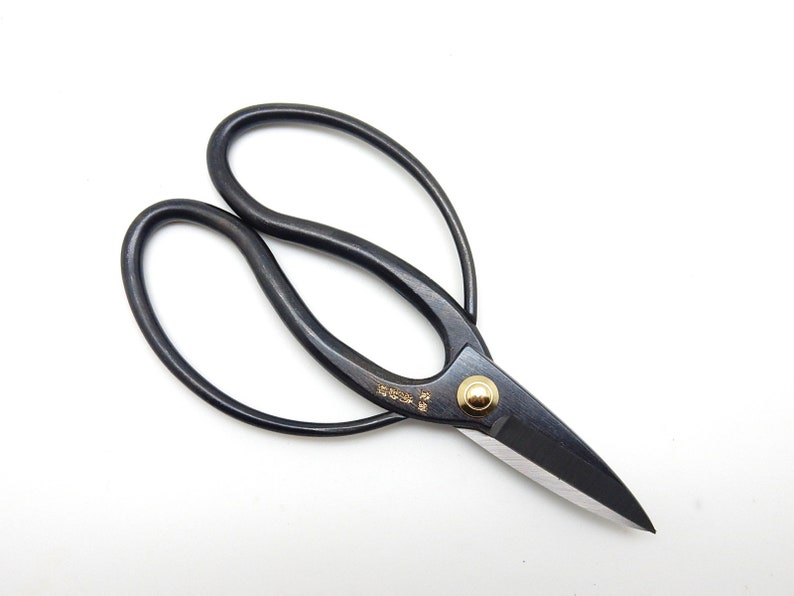 May include: Black pruning shears with a gold rivet and a sharp blade. The shears have a traditional Japanese design.
