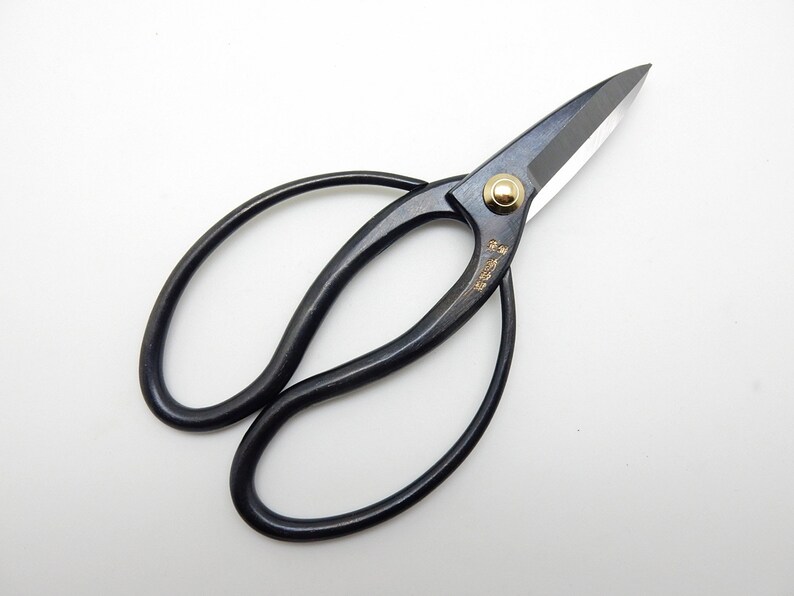 May include: Black pruning shears with gold accents and a sharp blade. The shears have a curved handle for a comfortable grip.