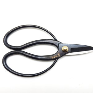 May include: Black pruning shears with a gold rivet and a white blade. The shears have a curved handle.