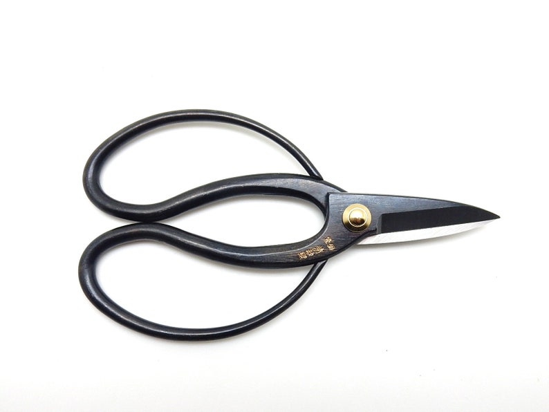May include: Black pruning shears with a gold rivet and a white blade. The shears have a curved handle.