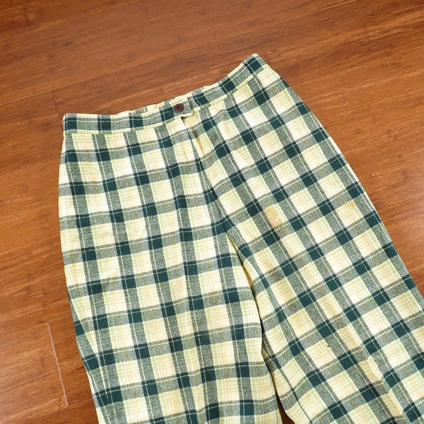 Womens 70s Pendleton Wool Pants Green Plaid Trousers Size Medium FLAWS