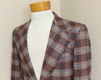 Vintage Mens 1970s Plaid Tweed Sport Coat Brown Blue Approx 40R
