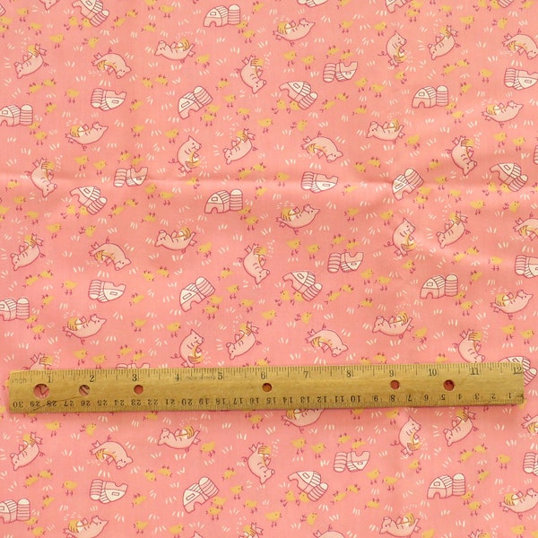 Vintage Whimsical Pig Farm Fabric Pink Broadcloth Cotton 2 YD