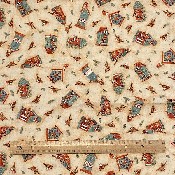 Chrismtas Birds Birdhouse Fabric David Textiles Beige Cotton 1.8 YD