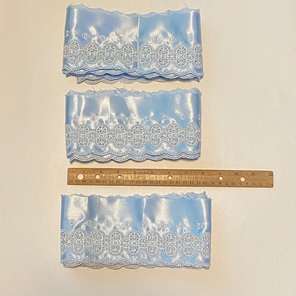 Lot of Three Wide Baby Blue Embroidered Satin Trim 2 YD Each