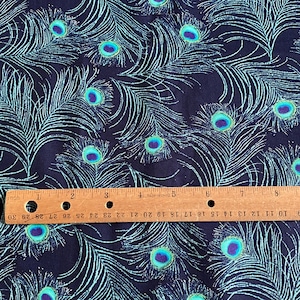 1.5 YD Peacock Feather Fabric Dark Blue Cotton Print