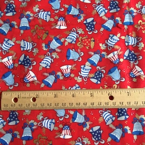 1.9 YD Patriotic Christmas Bells Fabric Red Cotton