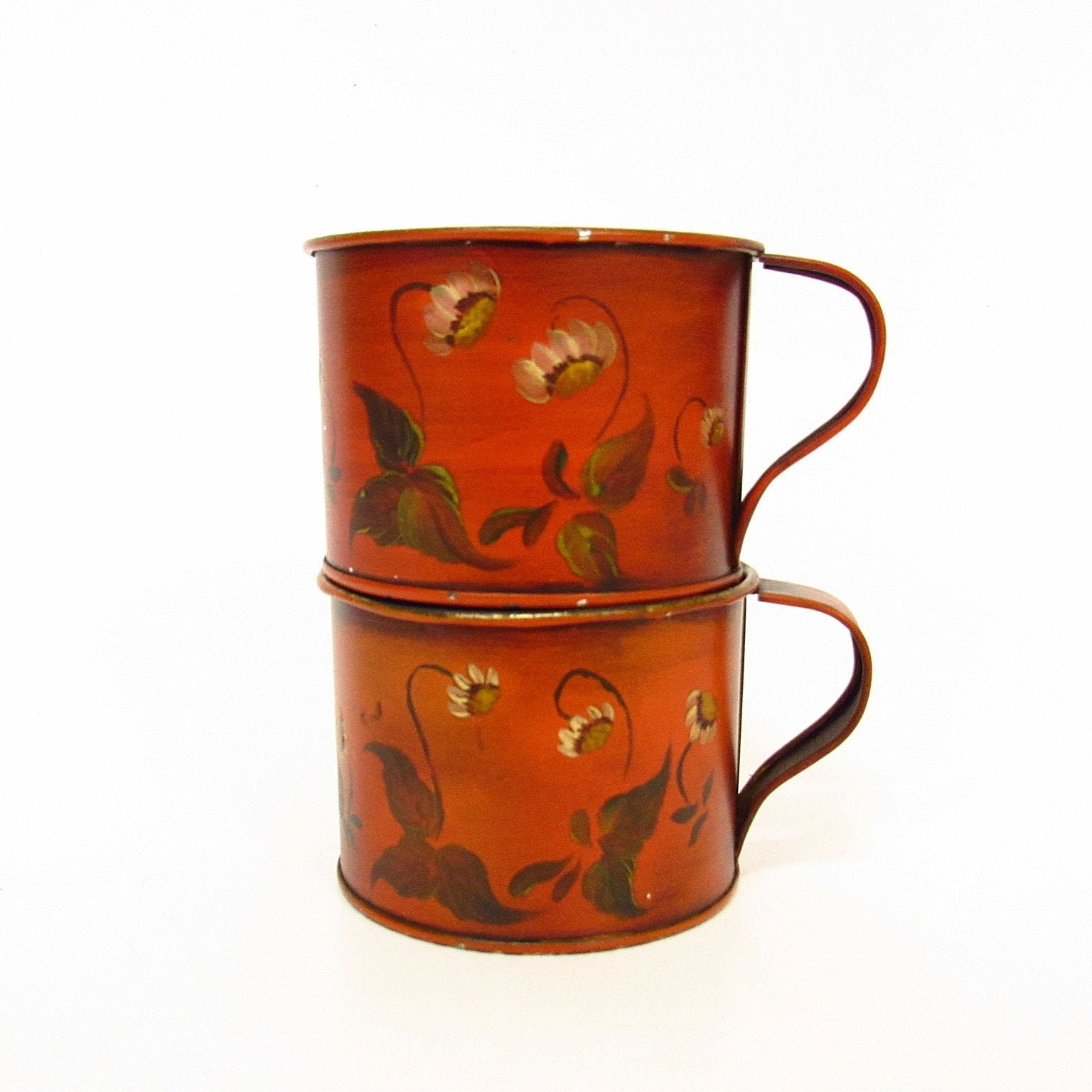 Hand Painted Vintage Decorative Tin Mugs Shabby Cottage Floral Etsy