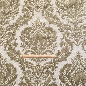 BTY Vintage Damask Chenille Upholstery Fabric Green Beige