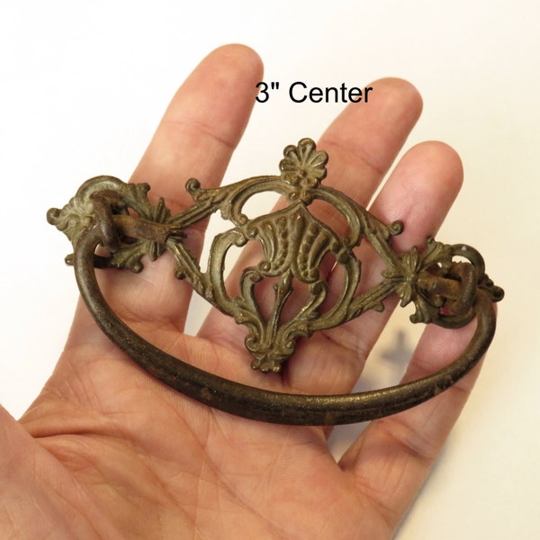 Ornate Antique Hand Cast Brass Drop Bail Pull 3" Center Victorian Shabby