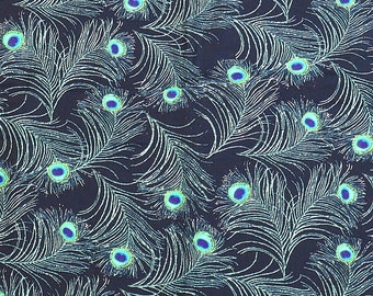 Peacock Feather Fabric Dark Blue Cotton 1.5 YD