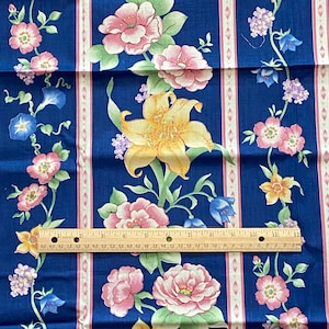 Vintage Floral Stripe Fabric Blue Quilting Cotton NARROW 36Lx38W