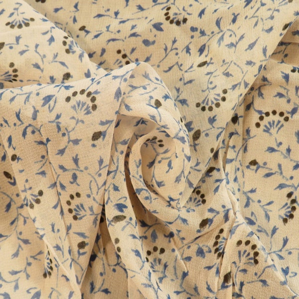 Vintage 1950s Floral Georgette Fabric Beige Blue BTY