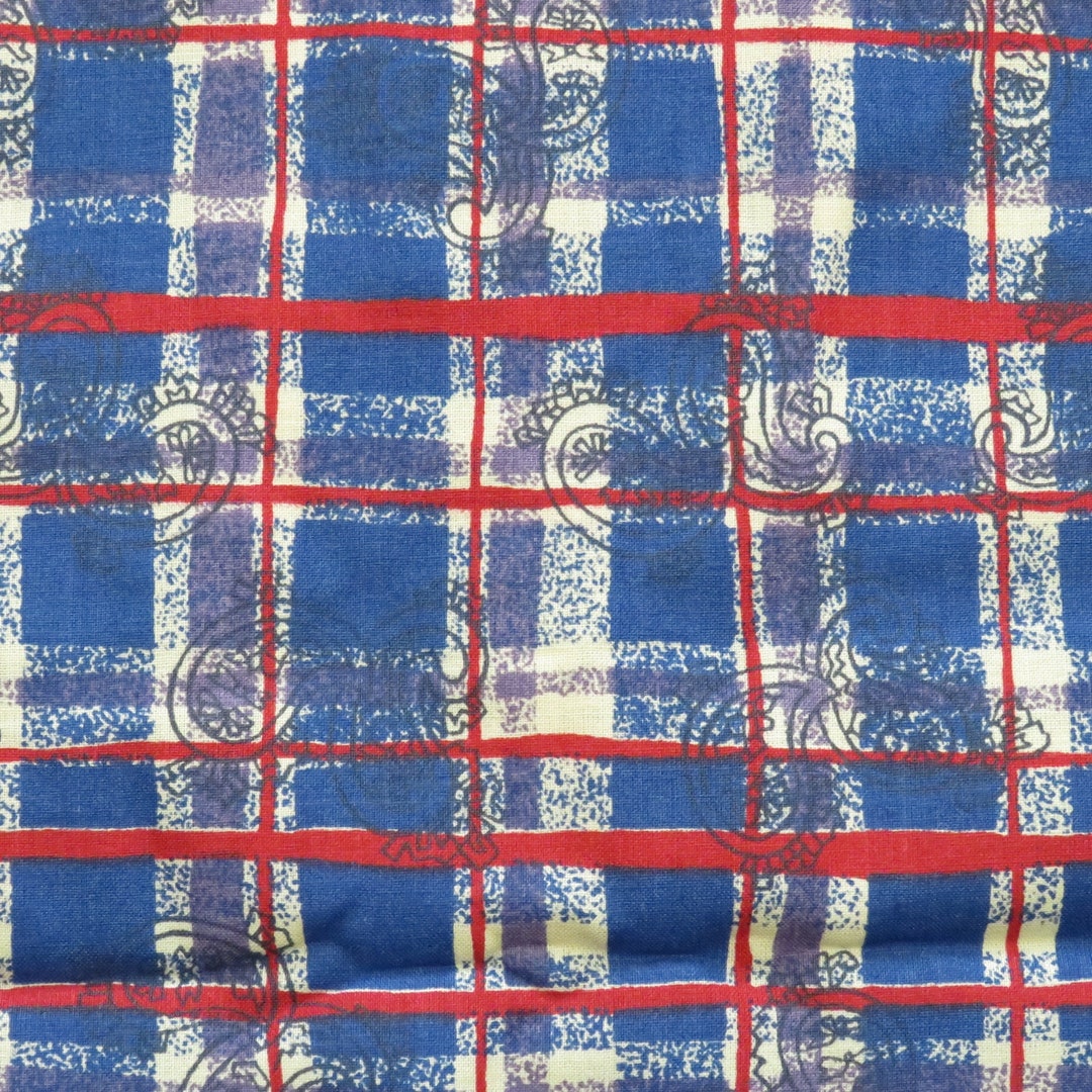Vintage Raytex Swirl Plaid Fabric Blue Cotton BTY Etsy