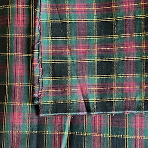 BTY 1980s 90s Plaid Shirting Fabric Burgundy Green Polycotton