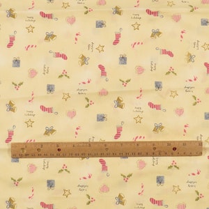 Whimsical Small Print Christmas Toss Fabric Ivory Cotton 1.2 YD