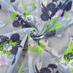 1.4 YD Vintage Floral Georgette Fabric Semi Sheer Blue
