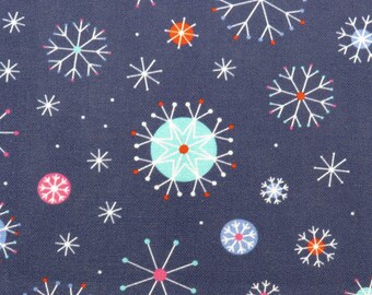 Mod Snowflake Fabric Dark Blue Cotton BTY