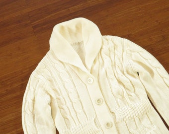 Womens 1970s Cable Knit Cardigan Sweater Size Medium Ivory White
