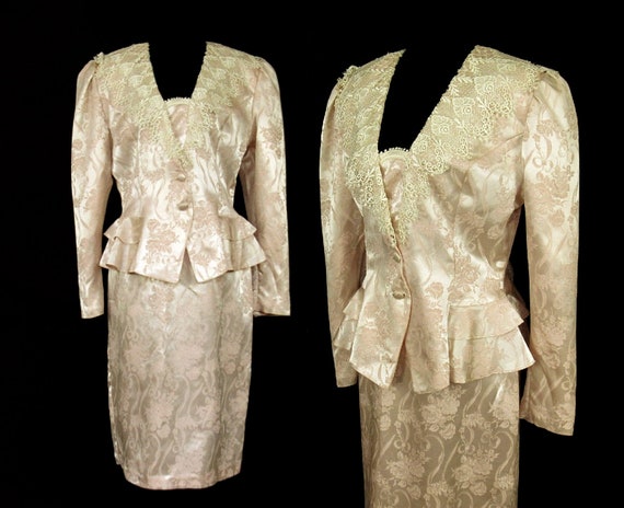 80s Peplum Suit Pink Brocade Satin Women's Vintage