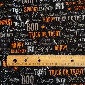 BTY Spooky Fabric Halloween Text Black Cotton Print Windham