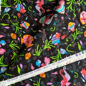 BTY Vintage Novelty Fish Fabric Black Quilting Cotton