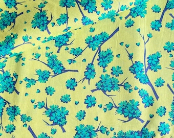 BTY Vintage Floral Stems Fabric Light Green Blue Cotton