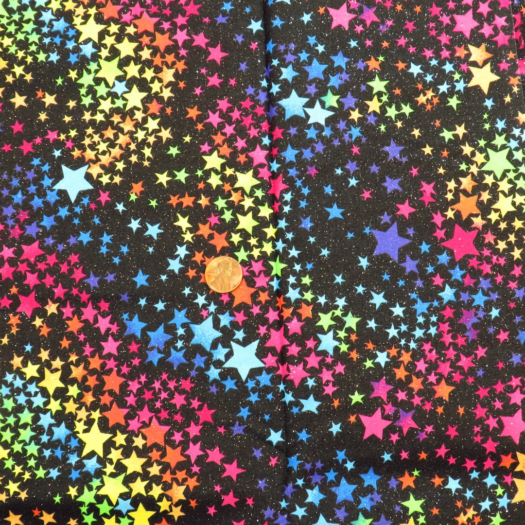 Glittered Rainbow Stars on Black Fabric Traditions Quilting Cotton ...
