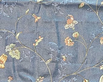 1.5 YD Vintage Floral Chintz Fabric Dusty Blue