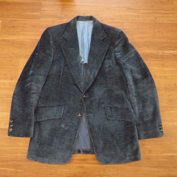 Mens 1970s Vintage Blue Velour Sport Coat 38R FLA… - image 3