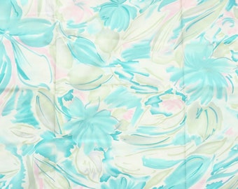 2.5 Yd 80s Vintage Impressionist Floral Fabric Turquoise Cotton