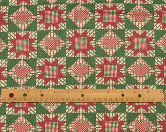 Vintage Country Hearts Cheater Quilt Fabric Red Green Cotton 1.4 YD