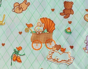 BTY Vintage Nursery Animal Toss Fabric Mint Green Cotton Blend