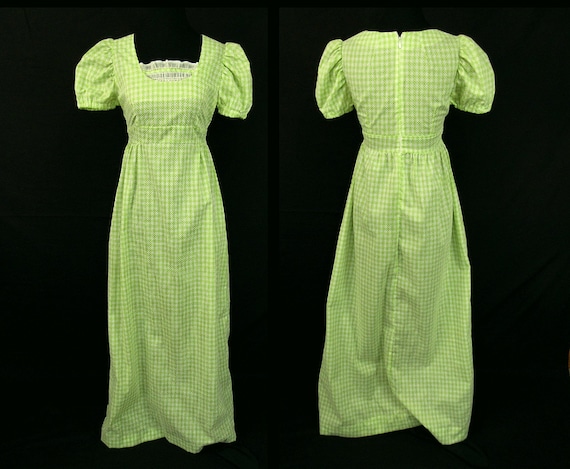 1970s Flocked Maxi Dress Lime Green Gingham Smocke