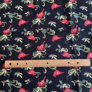 1 YD Cardinal Swirl Holly Bird Fabric Black Quilting Cotton