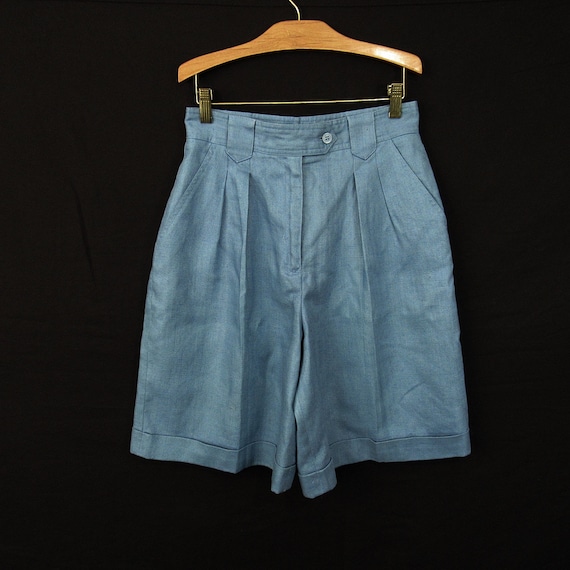 Vintage Bermuda Shorts Blue Linen Size 10P Lined