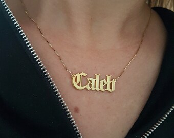 14k Solid Gold Custom Old English Name Necklace - Personalized Caleb Name Pendant In Old English Font