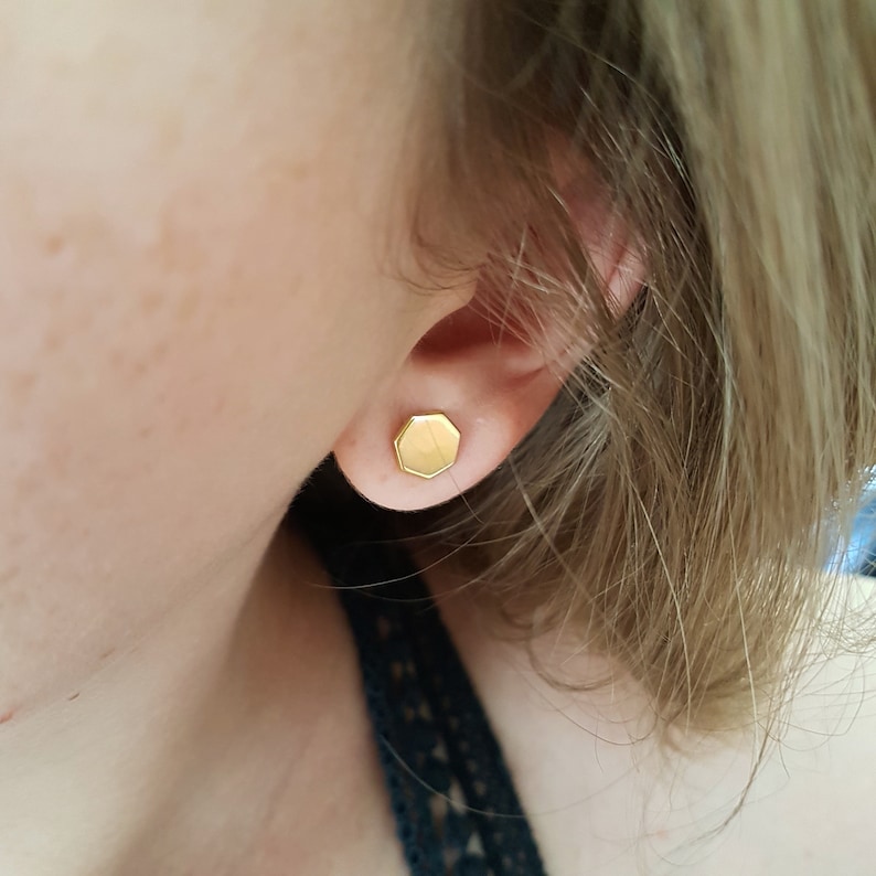 polygon studs minimalist Heptagonal 18k gold plated geometric stud earrings heptagon tiny boho flat full geo small