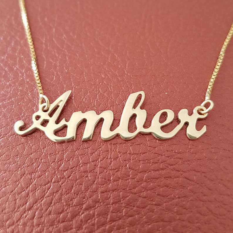 14k Gold Amber Name Pendant 14 Karat Solid Gold Personalized Name Necklace