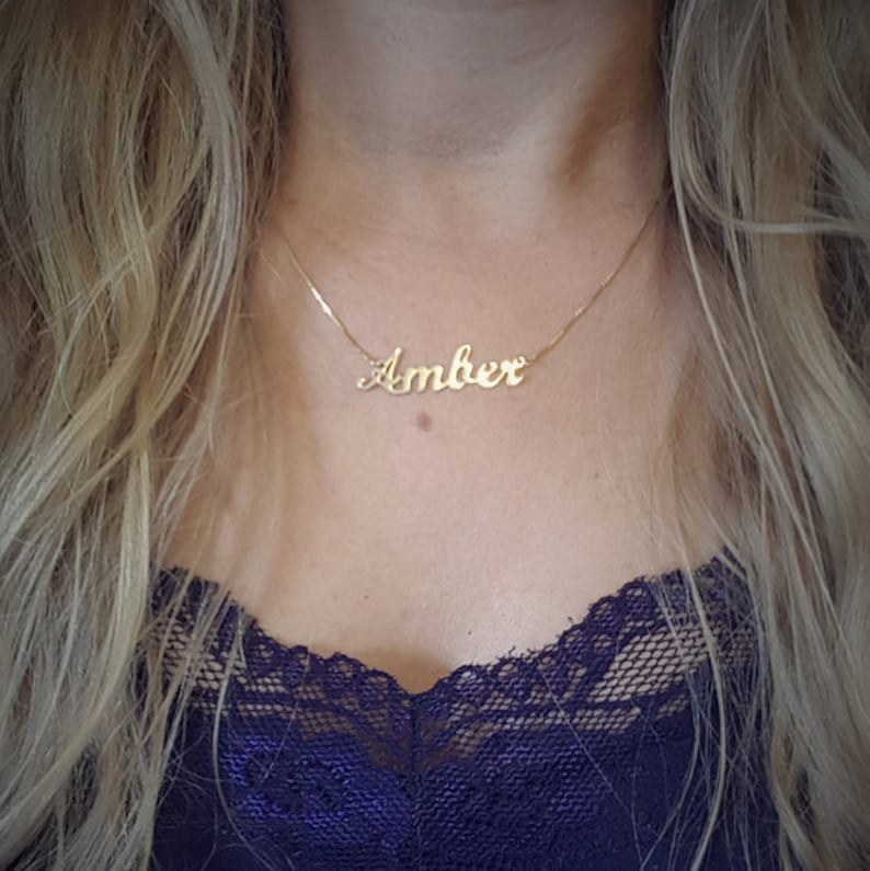 14k Gold Amber Name Pendant 14 Karat Solid Gold Personalized Name Necklace