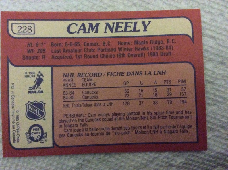 O-Pee-Chee Hockey 198586 CAM NEELY #228