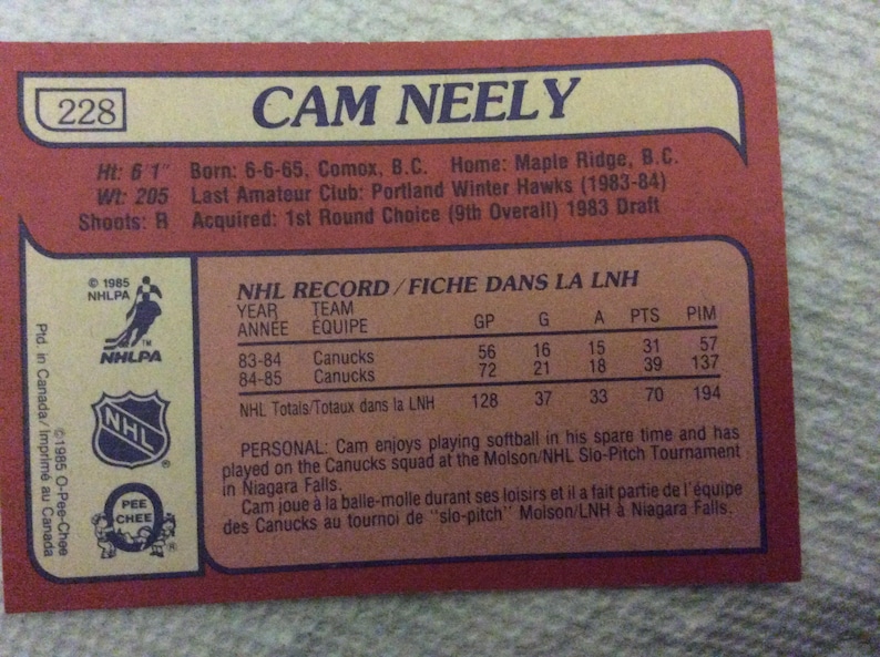 O-Pee-Chee Hockey 198586 CAM NEELY #228