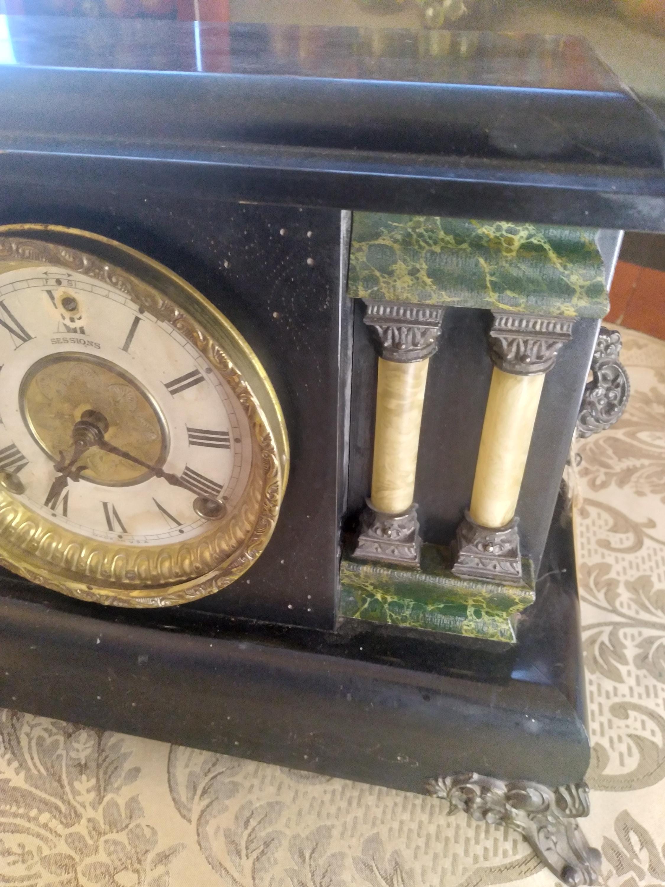 Antique Sessions 2 Pillar Mantle Clock Black 1930s 8 Day Half Hour ...
