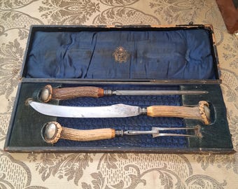 Antique Marshall Wells ZENITH antique carving set stag antler 19th Century