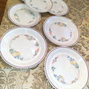 May include: Set of six white ceramic dinner plates with a blue and red rim. The plates feature a floral design with fruit and berries.