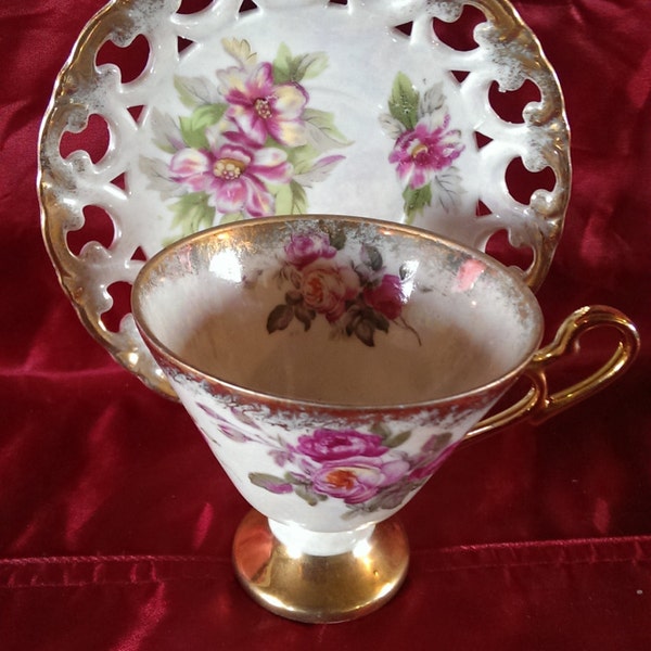 Shafford Japan Tea Cup And Saucer Hand Painted Roses GOLD LACE