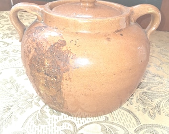 Stoneware Ovenproof Bean Pot with Lid Vintage 7” Tall 4.5” Opening x 9" Wide