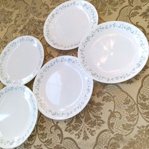 Peut inclure: Cinq assiettes plates en céramique blanche avec un motif floral bleu autour du bord.