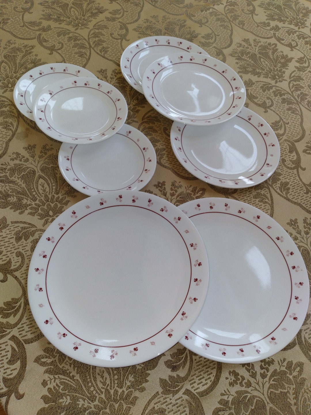 Corelle BURGUNDY ROSE PLATES 2 Dinner Plates3 Dessert - Etsy